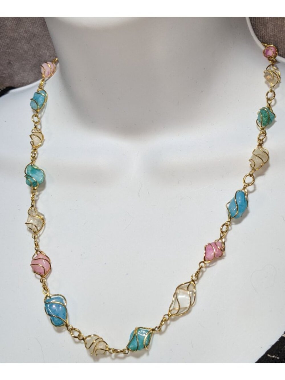 Whimsical Wire-Wrapped Pastel Gemstone Necklace With Gold-Tone Chain - Picture 4 of 5